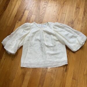 Marie Oliver Blouse White Linen Silk Blend Puff Sleeve Textured Top L Minimalist